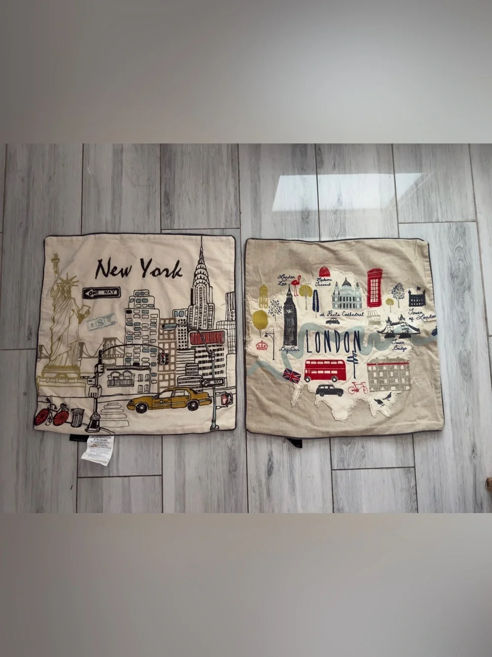 2 Cynthia Rowley London & NY City Escape Embroidered Pillow  Covers 19.5 by 19.5